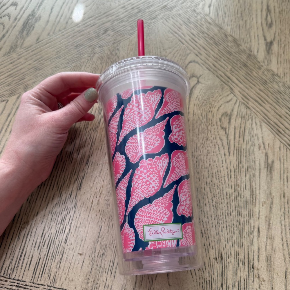 Lilly Pulitzer Tumbler Cup Pink Shell Print Reusable Straw Lid